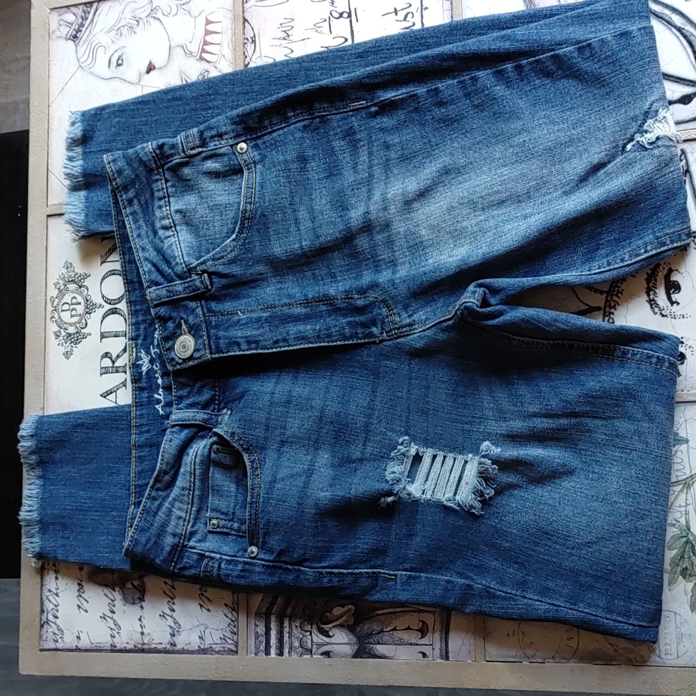 Almost Famous Distressed High Rise Blue Jeans - Picture 2 of 8
